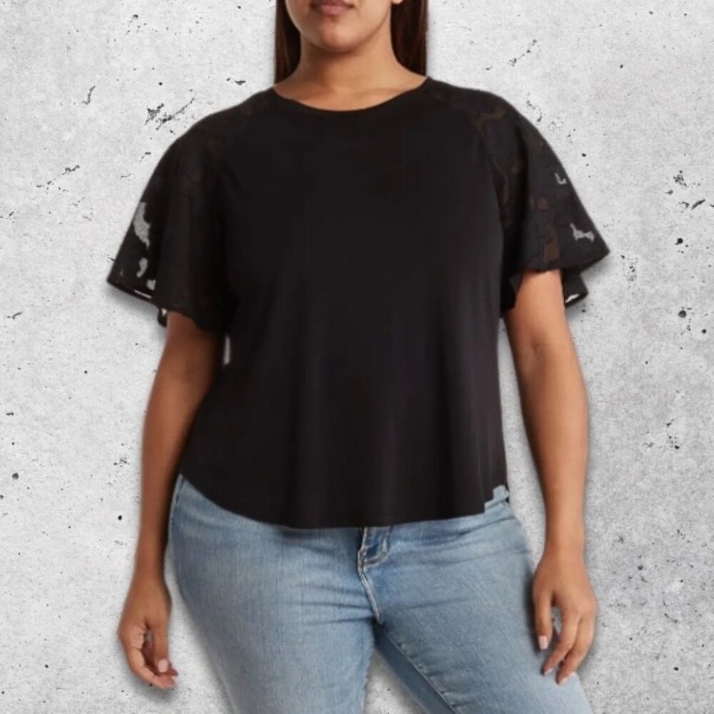Nordstrom Rack NWT Blouse Short Floral Sleeves Lightweight Black‎ Women's Small
